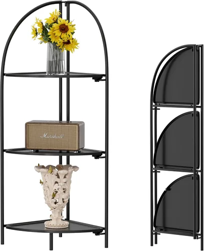 Crofy Estante esquinero plegable de 3 niveles, soporte de esquina de metal para plantas con marco negro y estantes negros, estante de exhibición