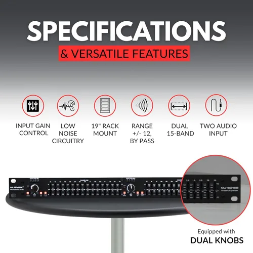 Miniatura 3 de MUSYSIC Ecualizador gráfico para audio doméstico Ecualizador estéreo de 15 bandas Montaje en rack EQ Ecualizador digital para el hogar, analizador