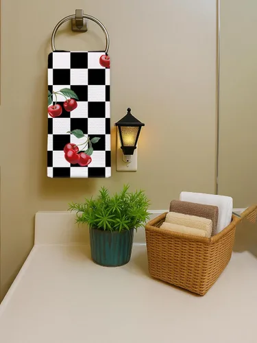 Miniatura 5 de Toallas de mano de cereza para cocina y baño – Toallas de té decorativas retro a cuadros en blanco y negro, accesorios de decoración de cocina