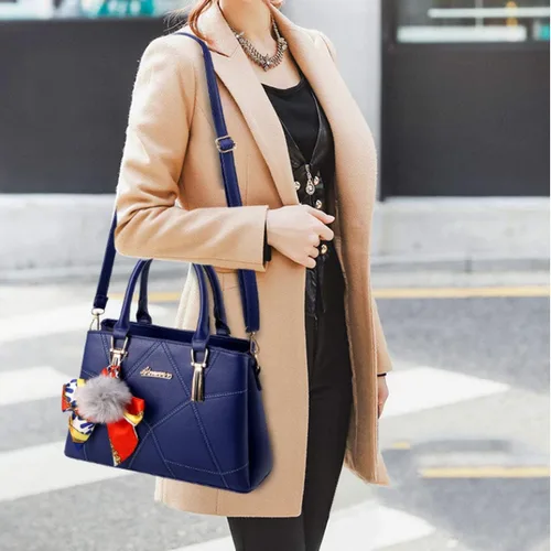 Miniatura 2 de XingChen Bolsos de cuero para mujer, bolso de hombro con asa superior, con pompón y lazo
