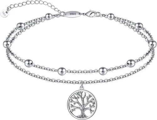 Miniatura 73 de CHIC & ARTSY Tobilleras de plata de ley S925 para mujer, pulsera de tobillo ajustable multicapa para playa, joyería de verano para mujer, de 10 a 11