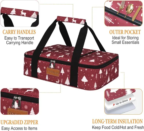 Miniatura 4 de Porta cazuelas aislada de 9x13 Pulgadas, Nylon duradero, Porta cazuelas a prueba de fugas, Porta cazuelas para alimentos fríos o calientes (Navidad)