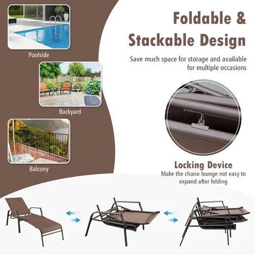 Miniatura 9 de Tangkula Tumbona apilable ajustable para patio, 2 piezas, silla reclinable para patio al aire libre con respaldo de 5 posiciones, marco de acero