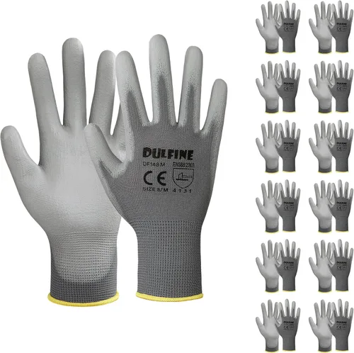 Miniatura 20 de DULFINE Guantes de trabajo de seguridad con revestimiento de poliuretano para hombres y mujeres - 12 pares, guante de punto sin costuras negro