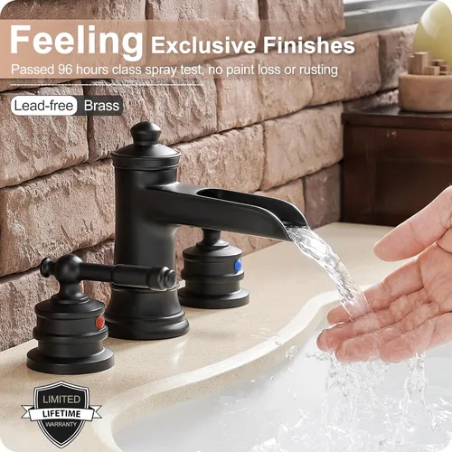 Miniatura 4 de Grifo de baño en cascada negro de amplio alcance, grifos de baño de latón para lavabo de 3 orificios, grifo de baño de 4-16 pulgadas, grifo de Negro