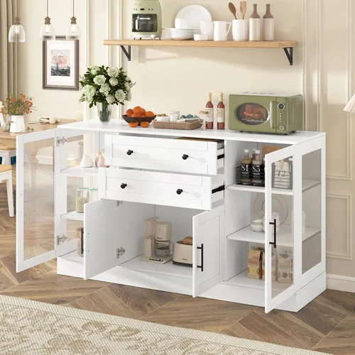 Miniatura 18 de VilroCaz Aparador de armario de almacenamiento curvado con 2 puertas y 2 cajones, mesa consola de entrada de madera de 55 pulgadas con puerta