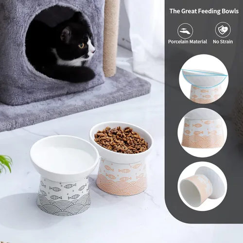 Miniatura 5 de Juego de 2 cuencos elevados de cerámica inclinados para gatos y perros pequeños, platos elevados de porcelana para alimentación sin estrés