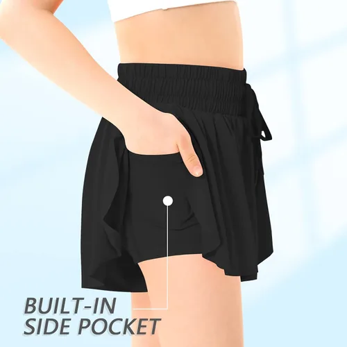 Miniatura 3 de Pantalones cortos fluidos de mariposa con bolsillo 2 en 1, pantalones cortos atléticos para correr, para niñas, niños, entrenamiento activo
