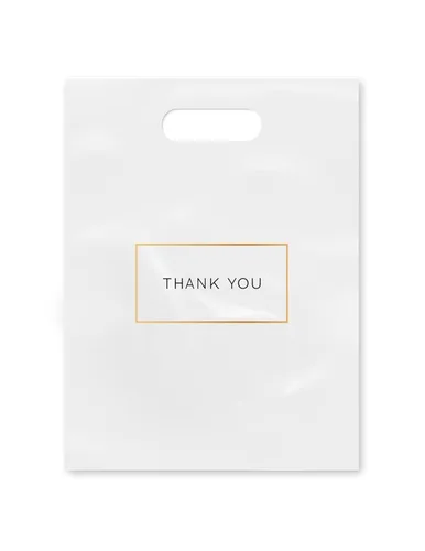 Miniatura 7 de Purple Q Crafts Bolsas de compras de plástico troqueladas con logotipo de agradecimiento de 9 x 12 pulgadas con asas, paquete de 50
