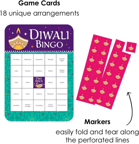 Miniatura 2 de Big Dot of Happiness Happy Diwali - Tarjetas de bingo y marcadores - Festival de luces - Juego de bingo para fiesta - Juego de 18