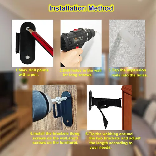 Miniatura 6 de Anclajes antipunta para muebles (2 juegos), anclaje de pared resistente para muebles, correas ajustables para terremotos, anclajes de muebles
