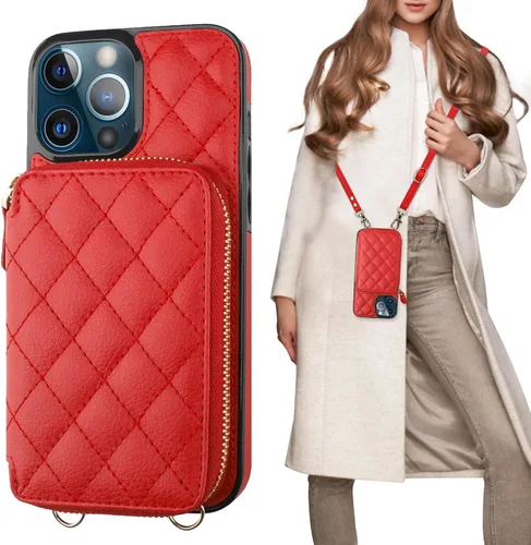 Miniatura 9 de Bocasal Funda tipo cartera con bandolera para iPhone 13 Pro Max, cartera de cuero PU con cierre de cremallera y bloqueo RFID, funda tipo folio