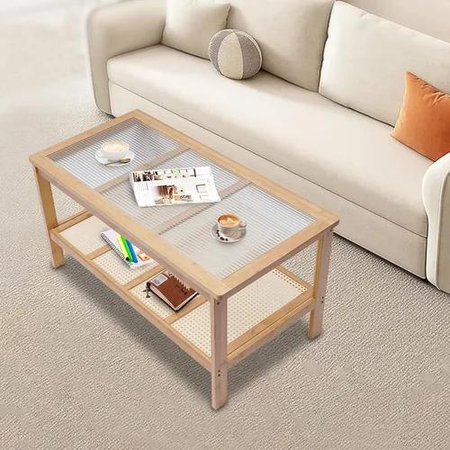 Miniatura 4 de Mesa auxiliar rectangular de 2 niveles de mediados de siglo con parte superior de cristal y estante de almacenamiento rústico, soporte de TV