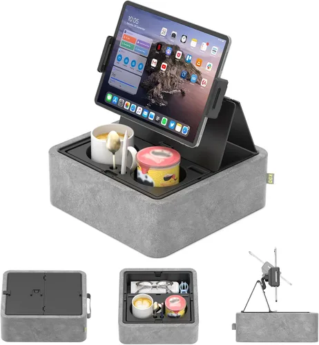 KDD Soporte de almohada para tableta, soporte ajustable para iPad para cama, regazo y escritorio con dos portavasos y bandeja de almacenamiento,
