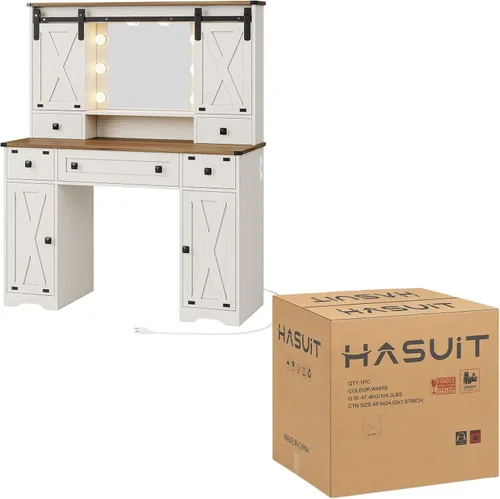 Miniatura 4 de Hasuit Escritorio de tocador de granja con espejo y luces, tocador de maquillaje blanco con estación de carga, espejo de tocador rústico con puerta