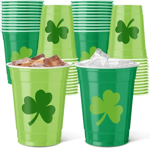 Vesici 50 vasos de plástico desechables de 12 onzas para el día de San Patricio, tazas de tréboles verdes, suministros de fiesta del día de San