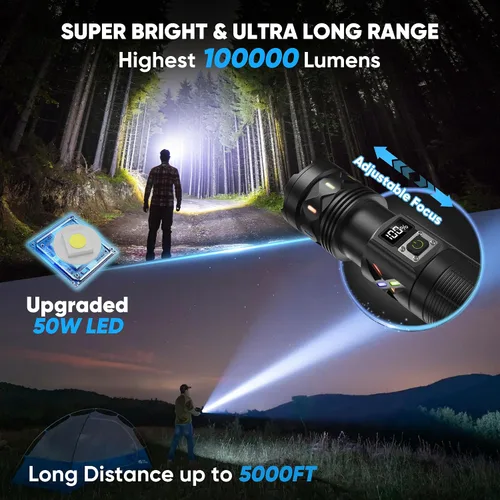 Miniatura 2 de Linternas de alta luminosidad de 100,000 lúmenes recargables, súper brillantes, LED de 50W, larga duración de 15 horas, entrada USB C y salida USB