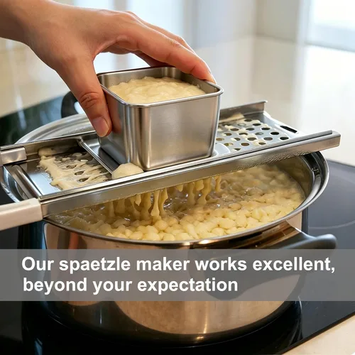 Miniatura 6 de Spaetzle Maker - Prensa de acero inoxidable con colador, fabricante de sppaetzle alemán de primera calidad con mango cómodo, herramienta tradicional