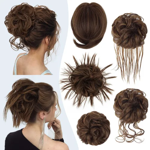 Miniatura 20 de HMD 5 piezas de moño despeinado para mujer, extensión de cabello con banda de goma elástica, extensión de cabello largo y desordenado, accesorios