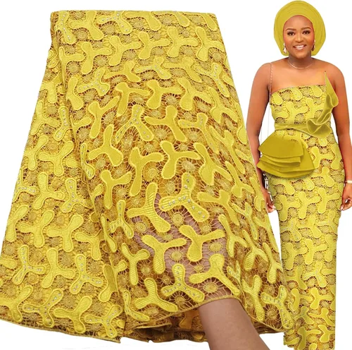 Miniatura 12 de Bestway Diamantes de imitación solubles en agua de moda Bordado con agujeros Tela de encaje africano 5 yardas Tela de estilo de fiesta de boda
