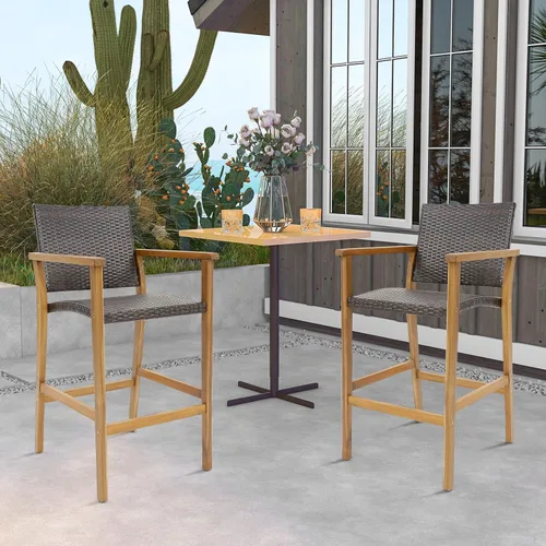 Miniatura 4 de Tangkula Juego de 4 taburetes de bar de ratán para patio, sillas de bar de mimbre de polietileno para exteriores con reposabrazos, taburetes de bar