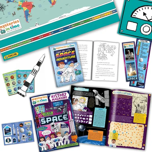 Mysteries in Time Space - Paquete de actividades para niños de 6 a 11 años, con libro de historia y revista, perfecto para avión sin pantalla,