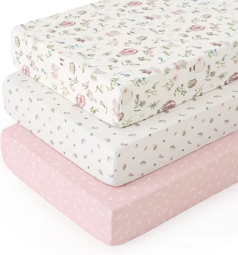 Miniatura 37 de PHF 3 paquetes de sábanas de cuna suaves, sábanas bajeras florales rosa transpirables y cómodas para niñas, ajuste universal sin deslizamiento