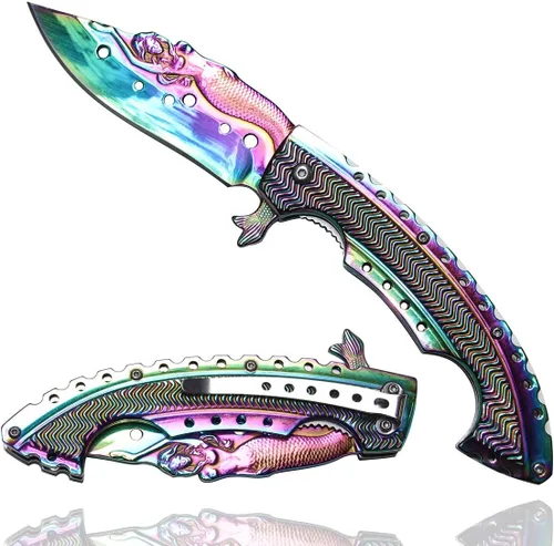 Generic Navaja de bolsillo plegable - Herramientas multifunción de sirena - Cuchillo multiusos de apertura asistida por resorte - arcoíris multicolor