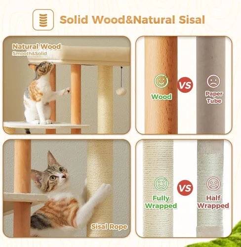 Miniatura 7 de PAWZ Road Árbol grande para gatos, torre de madera moderna de 53 pulgadas para gatos grandes de interior, condominios para gatos de varios niveles