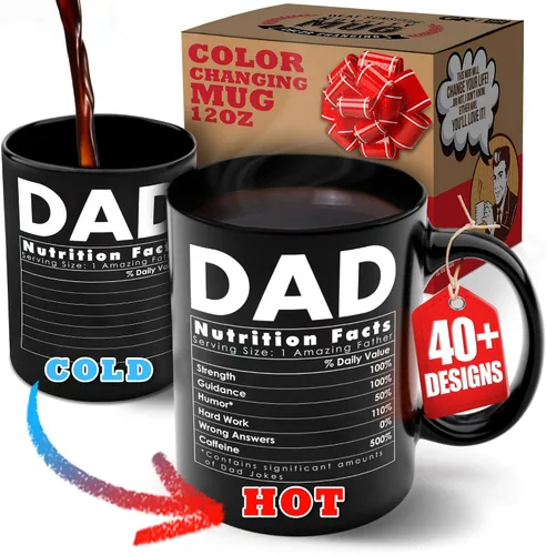 Dad Nutrition Facts - Taza de café de 12 onzas – Gr8AM - Novedosa taza de regalo – Divertido cambio de color y regalos sensibles al calor para el