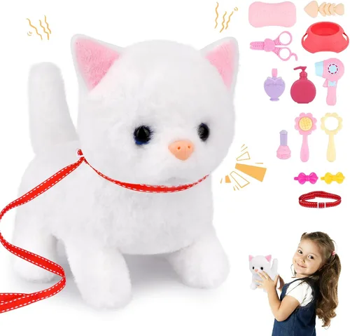 Peluche de gato, juguetes de peluche de gato que camina, interactivo electrónico relleno con mochila de tortuga, lindos animales de peluche de
