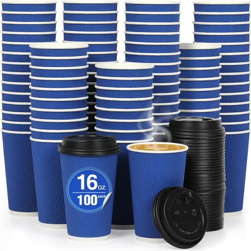 Miniatura 54 de Paquete de 100 tazas de café desechables de pared ondulada corrugada de 16 onzas con tapas y pajitas, tazas aisladas resistentes para bebidas