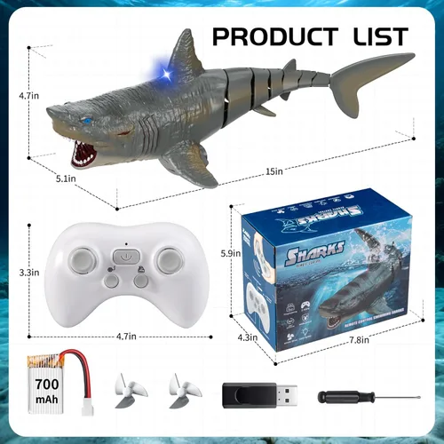 Miniatura 6 de Juguetes de agua de tiburón a control remoto para piscina, juguetes de verano para niños, megalodón de natación realista recargable con luz, regalo