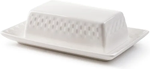 ROSCHER Basketweave Butter Dish (porcelana blanca), superficie texturizada, cubierta de 2 piezas y juego de platos, servicio y almacenamiento