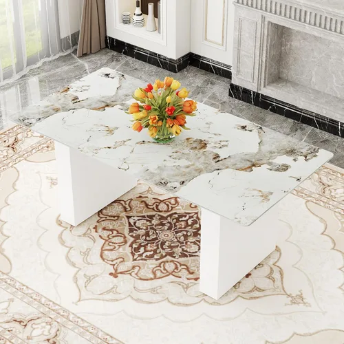 Miniatura 3 de Mesa rectangular grande y moderna con mesa de vidrio estampado de 0.39 pulgadas y patas de mesa grandes, adecuada para cocina, comedor y sala