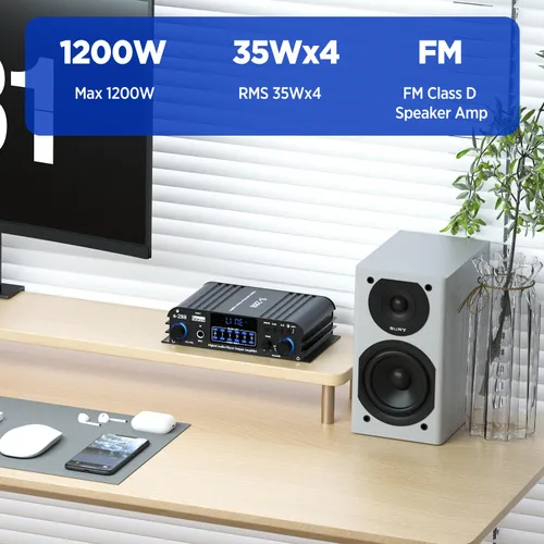 Miniatura 2 de Amplificador de Audio para el Hogar de 1200W, 4 Canales, Amplificador Pequeño Bluetooth5.0, RMS 45Wx4, Potencia Pico 300W*4, Receptor Estéreo