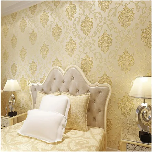 QIHANG Color beige no tejido 1.7 ft*32.8 ft=5.3㎡ del rollo del papel pintado del polvo de la perla del damasco del estilo europeo 3D Amarillo claro