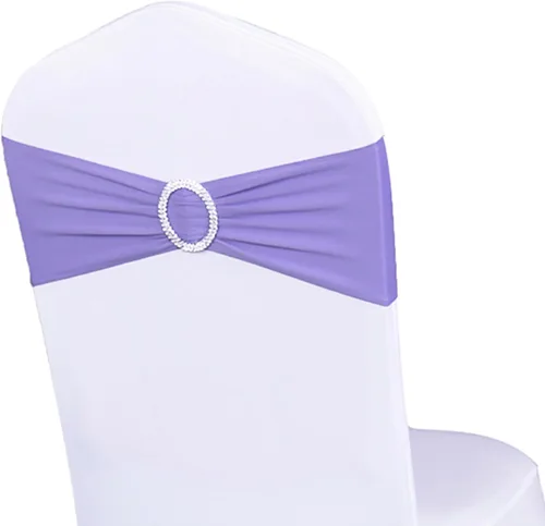 Miniatura 19 de Paquete de 50 bandas elásticas para sillas de bebé azul para boda, bandas elásticas de licra con hebilla deslizante, arcos de sillas de spandex