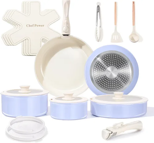 Chef Power Juego de ollas y sartenes antiadherentes de cerámica de 19 piezas con mango desmontable, juego de utensilios de cocina de inducción aptos
