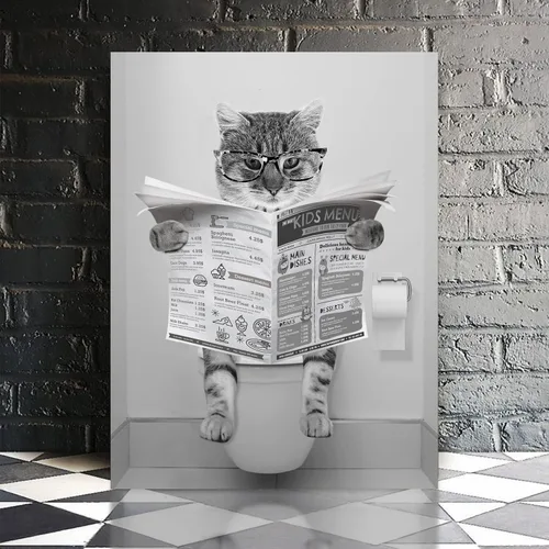Miniatura 3 de Divertido lienzo de pared de gato en blanco y negro, decoración moderna de pared de baño, gato sentado en el inodoro, lectura de periódicos, pintura