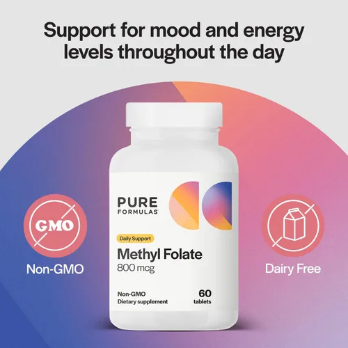 Miniatura 3 de PureFormulas Metilfolato 800 mcg - B9 activo (5-MTHF) para la salud cardiovascular, nerviosa y del estado de ánimo, tabletas vegetarianas sin OMG