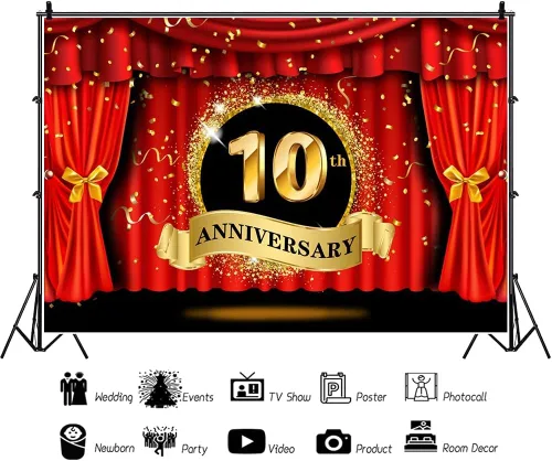 Miniatura 2 de Telón de fondo de lujo de 5 x 3 pies, cortina roja con purpurina con puntos dorados, fotografía de fondo, pareja, matrimonio, boda, aniversario