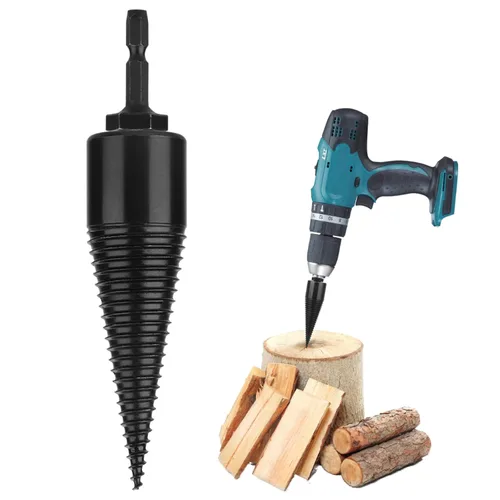 IUIBMI Broca de división de madera, broca separadora de troncos de leña extraíble, vástago hexagonal de acero negro, destornillador de cono para