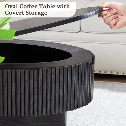 Miniatura 6 de Janmer Home Mesa de Centro Ovalada con Almacenamiento Oculto, Mesa de Centro Moderna de 31.5 Pulgadas de Ancho, Mesa Central con Chapa Acanalada