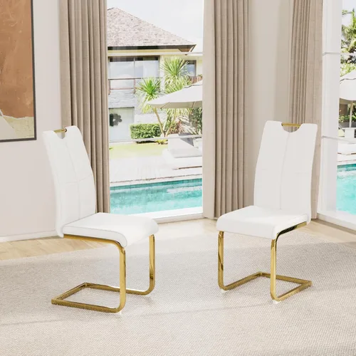 Miniatura 46 de Juego de sillas de comedor modernas (2 unidades) de piel sintética PU con respaldo alto tapizadas con patas doradas de metal para cocina y comedor
