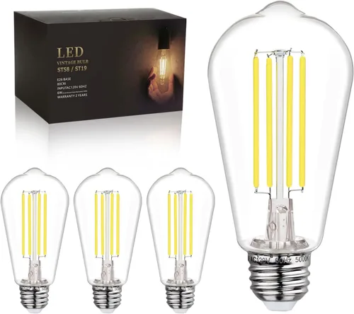 Miniatura 11 de BORT Paquete de 4 bombillas LED Edison ST58/ST19, color blanco cálido, 2700 K, equivalente a 6 W, bombillas LED de filamento de 60 W, regulables