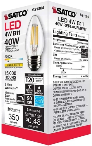 Miniatura 8 de Satco S21284 B11 - Bombilla LED de filamento para vela, acabado transparente, 4 W, 120 V, 2700 K, blanco cálido, 350 lúmenes, base media E26