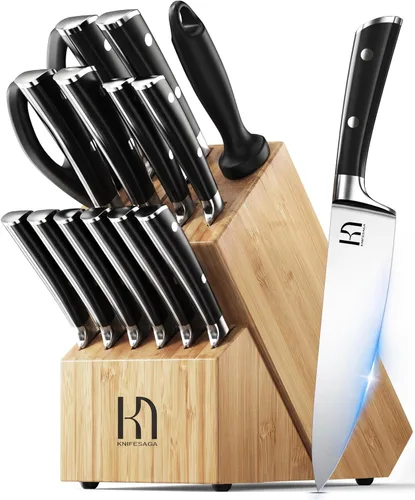 Miniatura 10 de KnifeSaga Juego de 15 cuchillos de cocina de acero inoxidable de alto carbono con bloque y afilador, juego de cuchillos negros afilados de alta