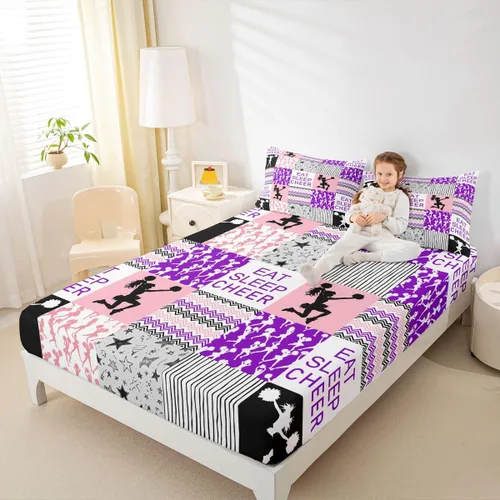 Miniatura 23 de Sábana bajera ajustable de ballet para niñas, juego de ropa de cama de ballet para danza de ballet, sábanas de cama con rayas geométricas onduladas