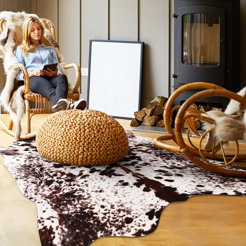 Miniatura 4 de Alfombra de piel de vaca premium, 4.6 x 5.2 pies, decoración occidental de piel de vaca, impresión de vaca gruesa para dormitorio, sala de estar